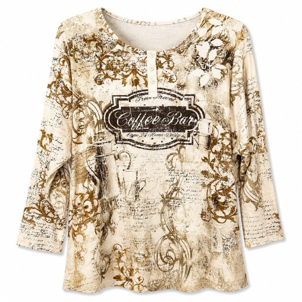 Tapemeasure Women 2X Coffee Bar Graphic Henley Tunic Top Cream Brown Plus Size